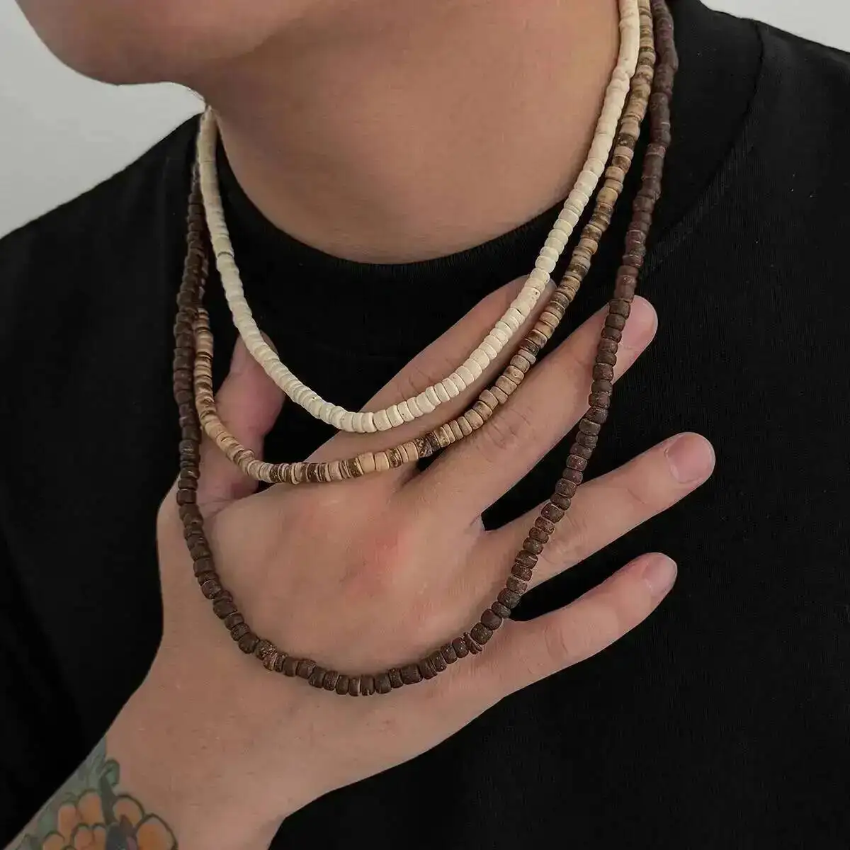 KunJoe 3Pcs/Set Vintage Irregular Coconut Husk Bead Chain Necklace Men Classic Adjustable Surf Clavicle Chain Daily Jewelry Gift