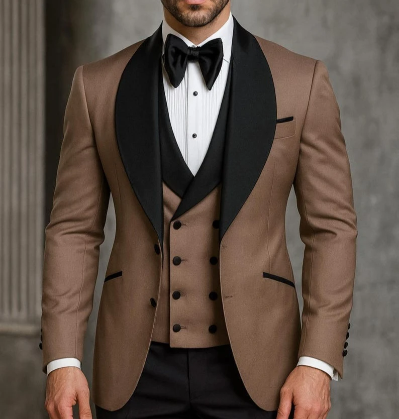 Classic Brown Double-Breasted Tuxedo Black Satin Lapel 3pcs