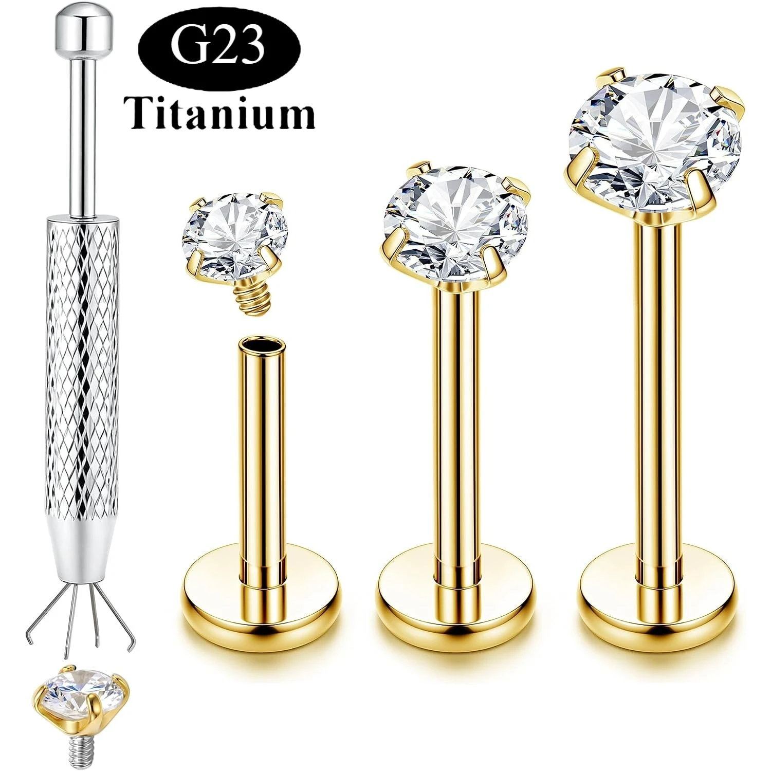 Drperfect 3Pcs G23 Titanium Labret Stud Internally Threaded for Women Men Nose Lip Bar Tragus Helix Piercing Jewelry 6/8/10MM