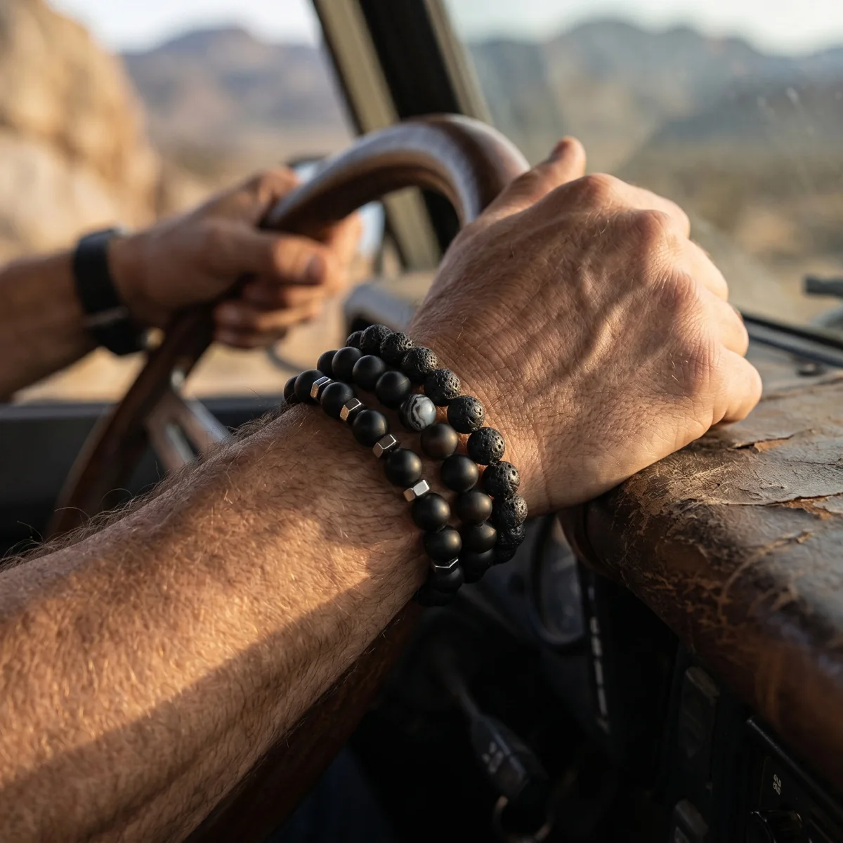 New Men's Volcanic Stone Beads Bracelet Resin Fashion Personality High Temperament Basalt 3pcs Set Wholesale