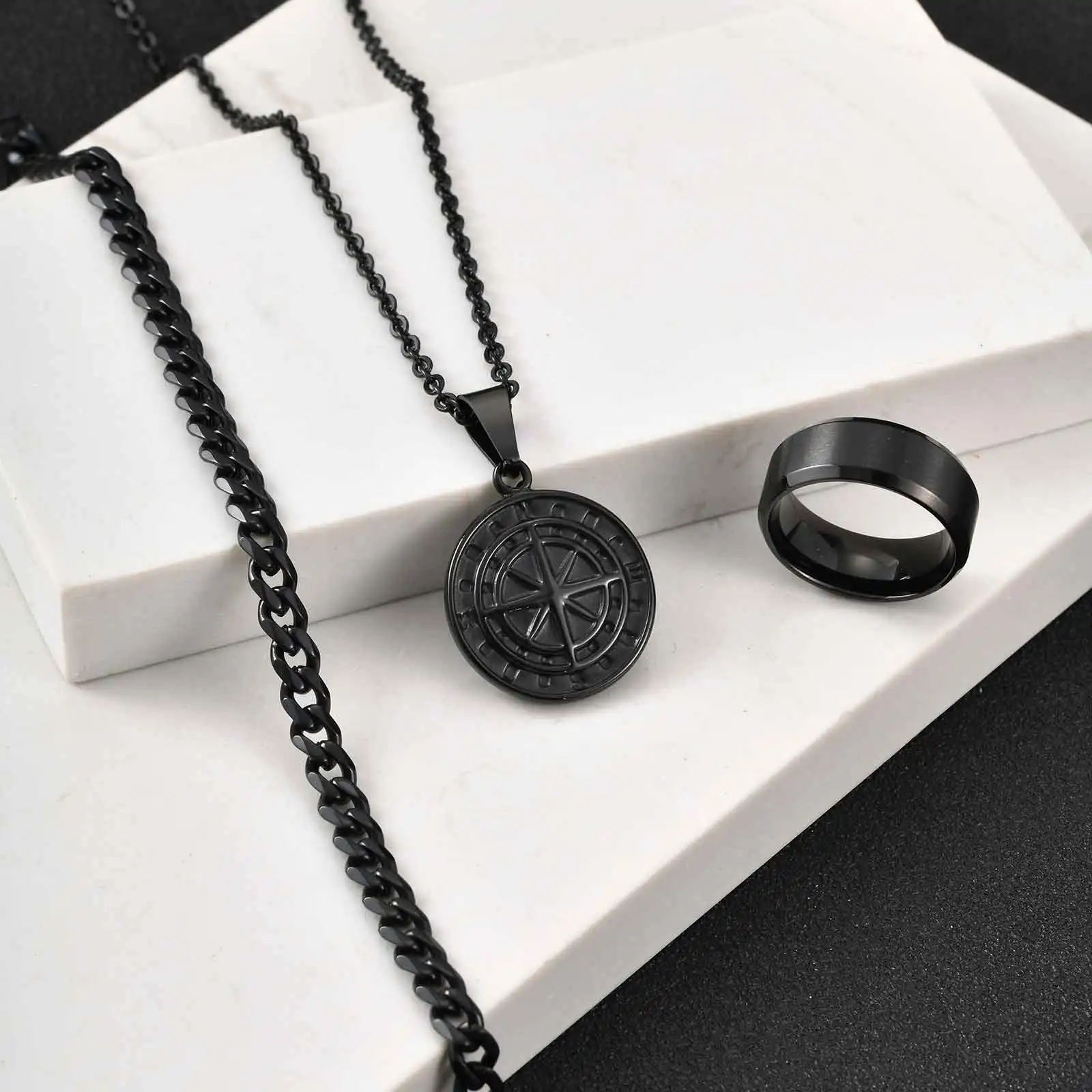 3 PCS Octagram Star Jewelers, Bracelets Ring Necklace Gifts Set for Men, Unique Hip Hop Graduation Jewelry Compass Pendant New