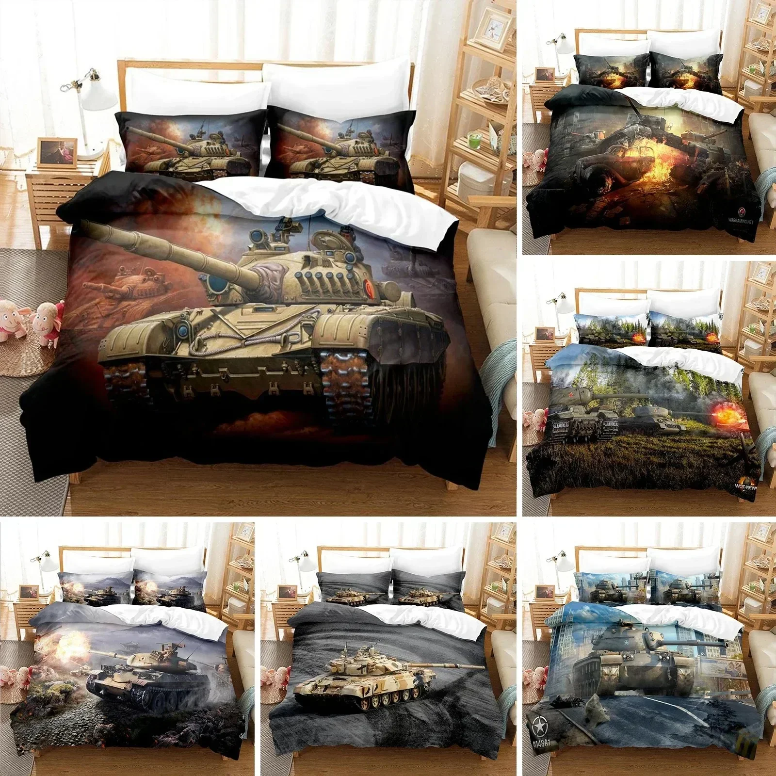 Tank Duvet Cover Set King Size War Theme Bedding Set Dirt Bike Quilt Cover for Kid Boys Men Comfortable Microfiber Quilt Cover