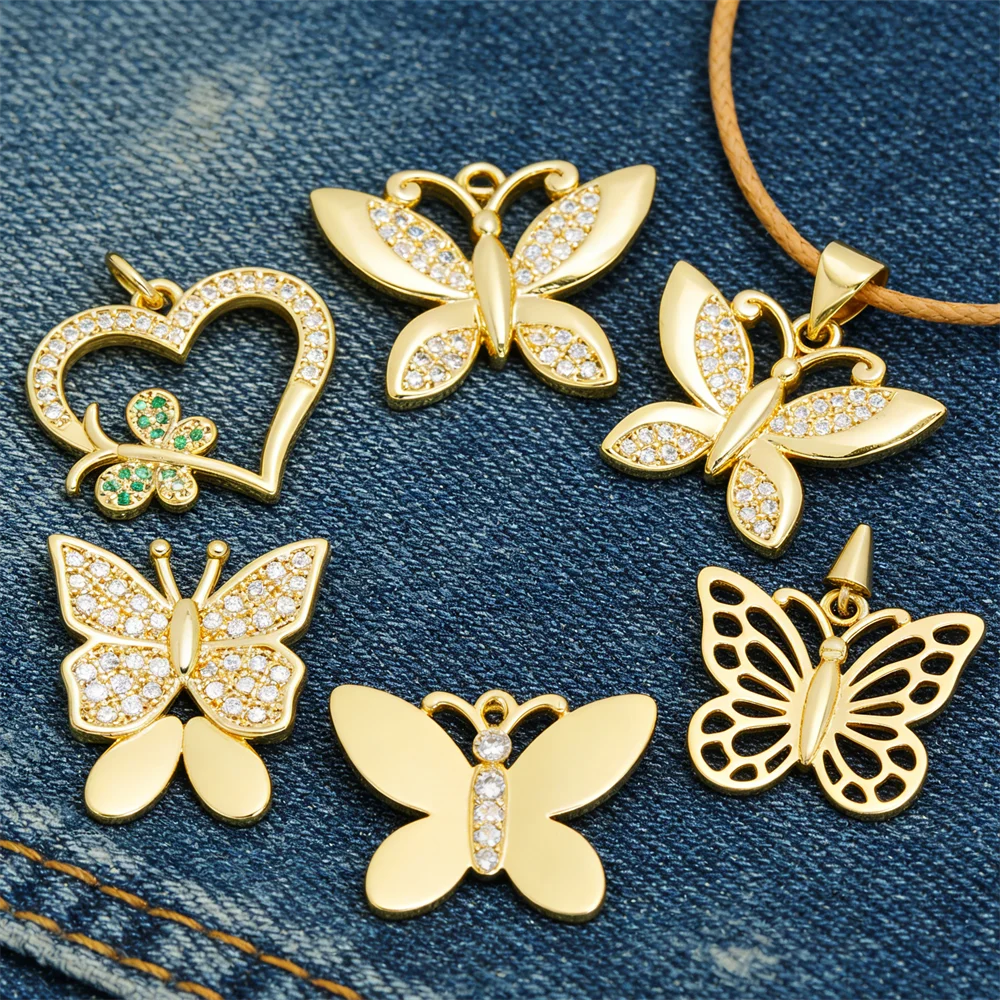 3Pcs Pendants Brass Plated Cubic Zirconia Shiny Butterfly Heart Hollow Charms for DIY Jewelry Necklace Making Bracelet Women Men