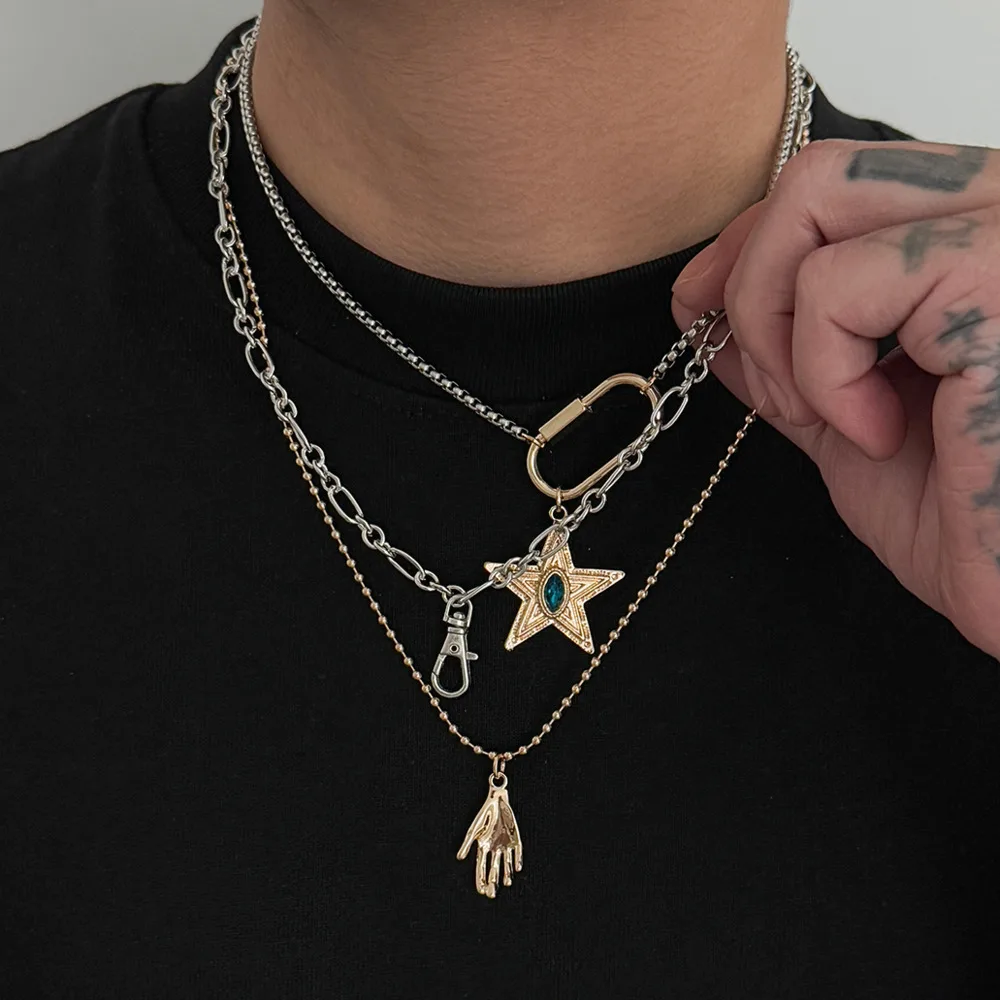 Ingemark 3 Pcs/Set Punk Star Palm Key Pendant Necklace for Men Hip Hop Retro Multi Layer Thick Metal Chain Jewelry on the Neck