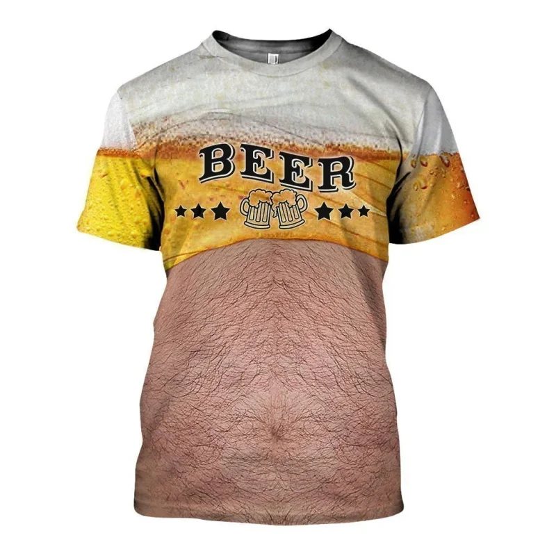 3D printed fun beer belly T-shirt for men's summer short sleeved round neck T-shirt with beer pattern for men's new style