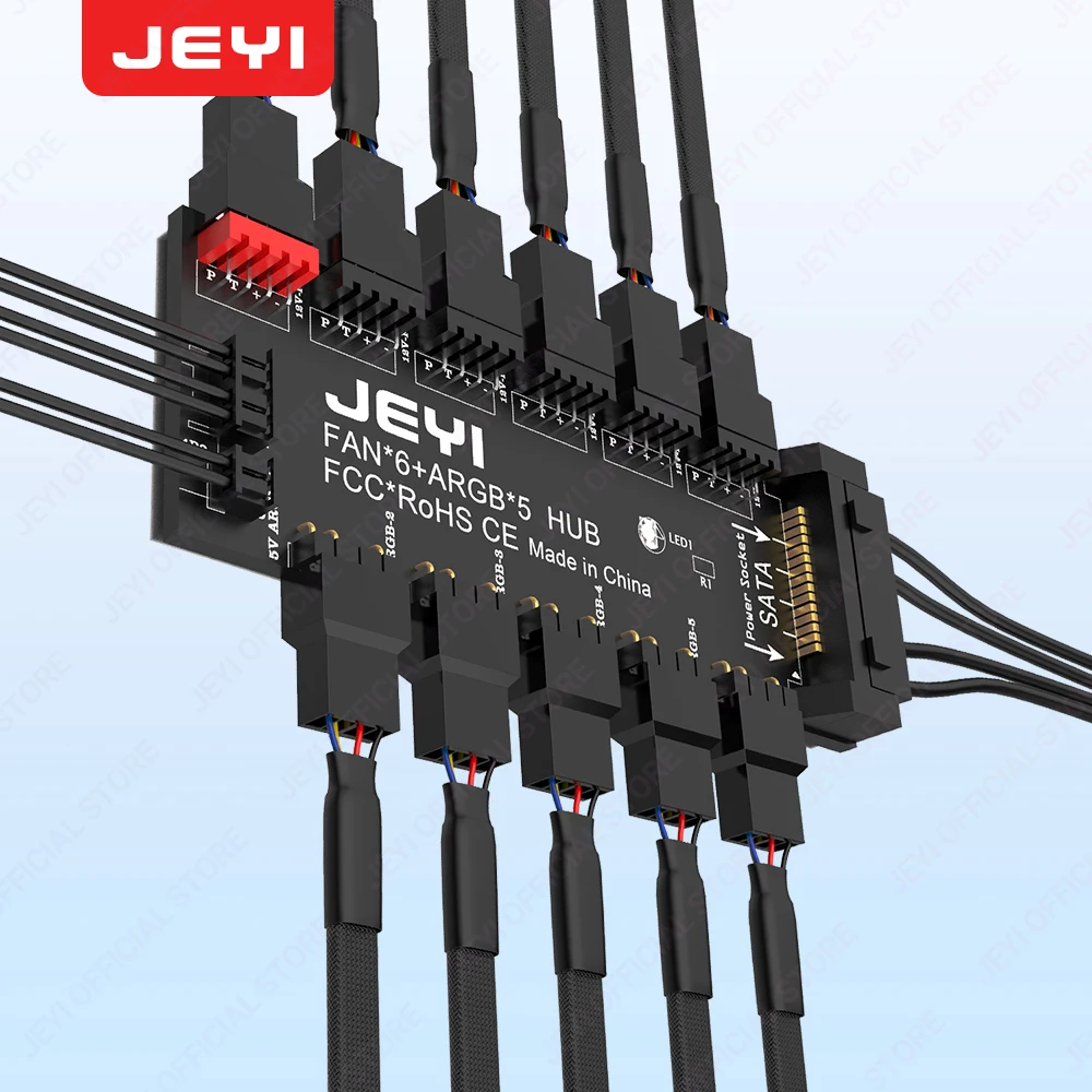 JEYI ARGB PWM 5 Way Fan Hub, Addressable 12V 4Pin PWM & 5V 3Pin ARGB 2-in-1 Hub, RGB Fan, Strip Splitter