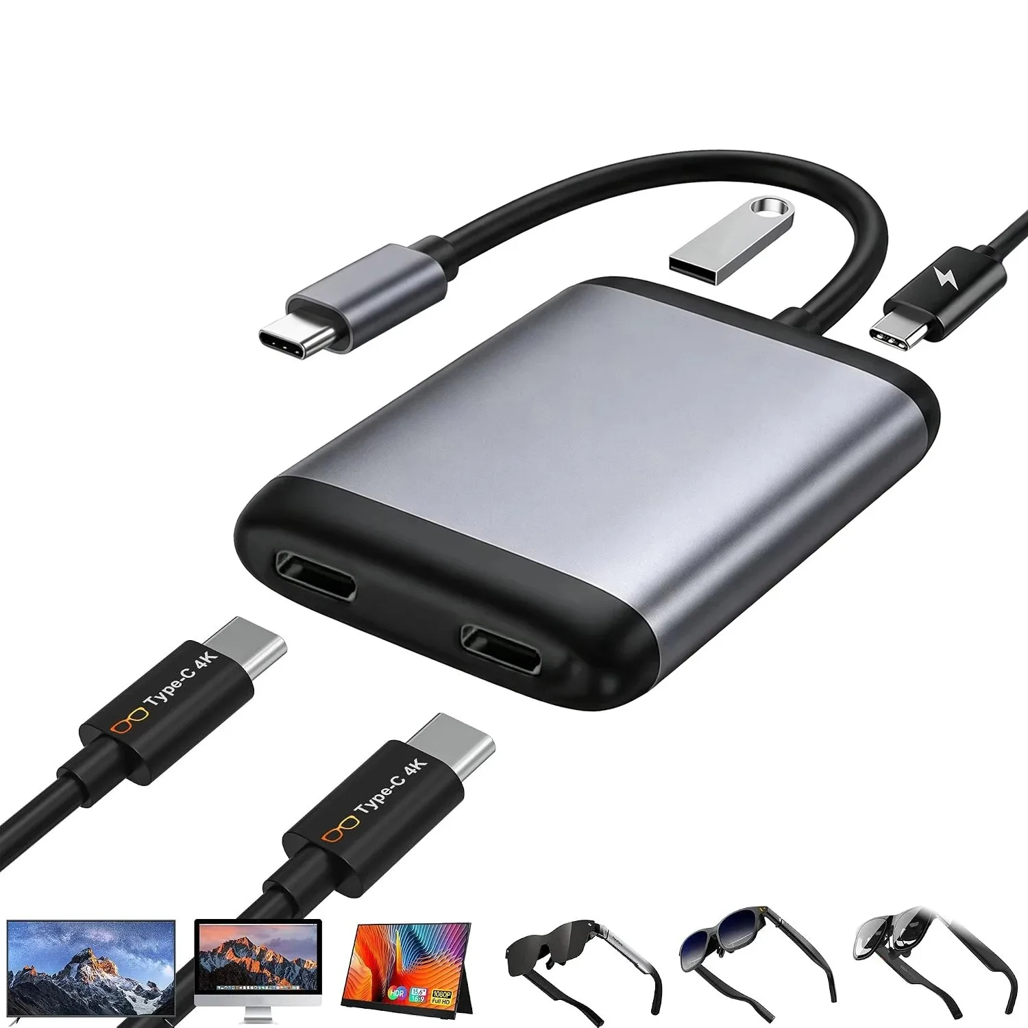 4-in-1 Dual USB-C Display Hub for AR Glasses, 4K@60Hz Video, 100W PD Input, USB 3.0 for Steam Deck Laptops Portable Monitors