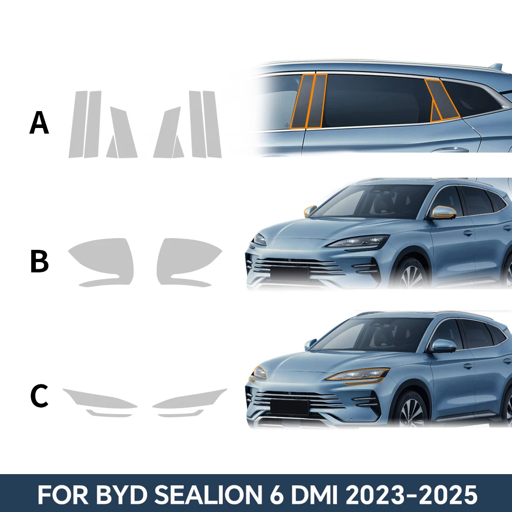 Car Headlight Rearview B C Pillar TPU Paint Protection Film For BYD SEALION 6 DMI 2023-2025 Clear PPF Anti-scratch Resistant