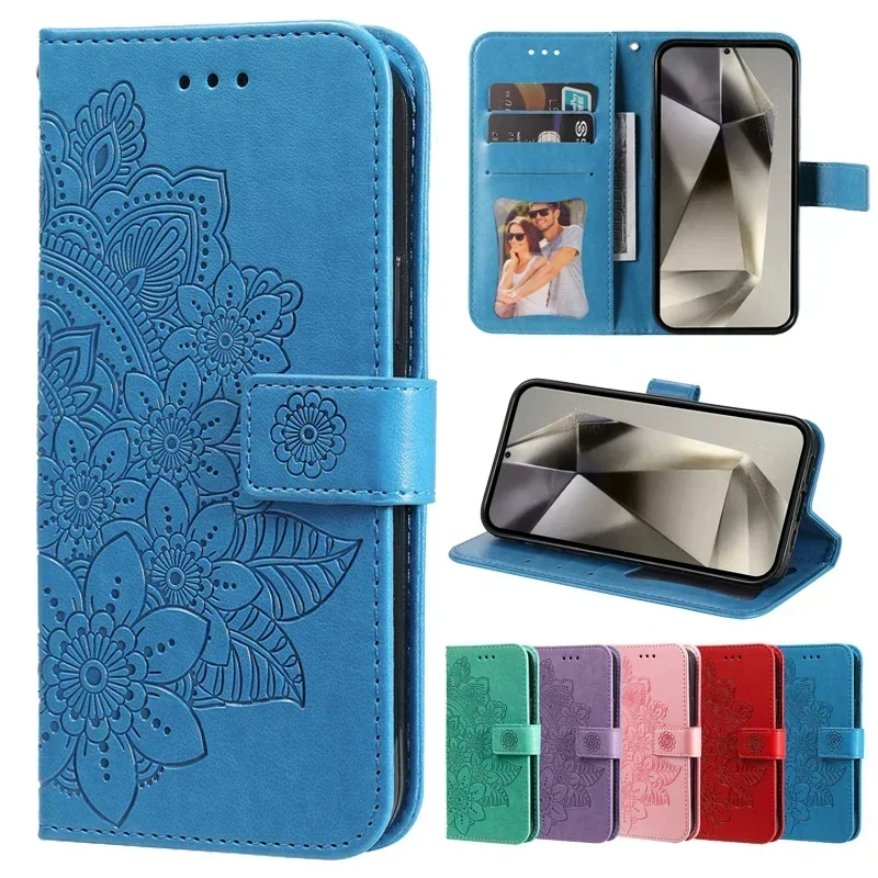 Retro Totem Sun Flower Wallet Leather Phone Case For Samsung Galaxy A36 A26 A56 A16 5G A06 4G Magnetic Flip Cover Card Slot 2025