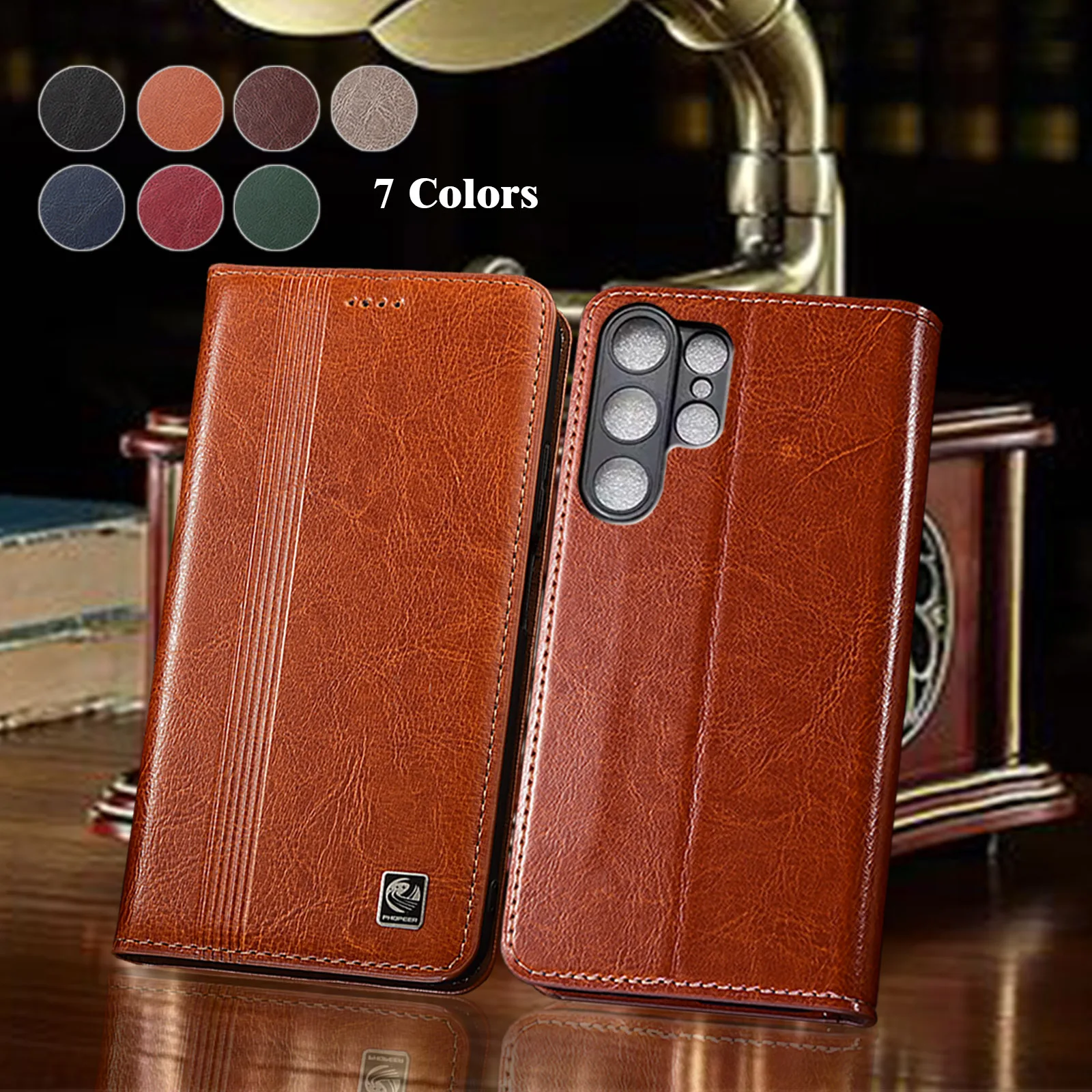 Genuine Leather Case For Samsung Galaxy S21 S22 S23 S24 S25 S26 Edge Plus Ultra FE Vertical Line Pattern Flip Phone Wallet Cover