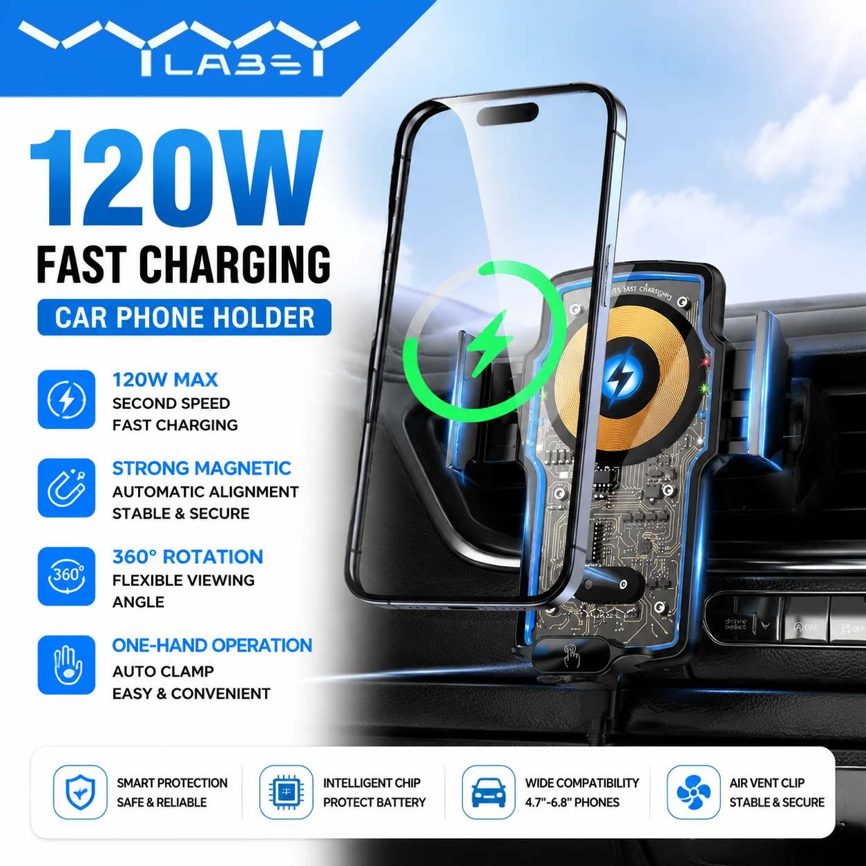 Vyvylabs 120W Car Charger Holder Transparent Wireless Smart Auto Sensing Clamp Magnetic Fast Charging Car Phone Mount for iPhone
