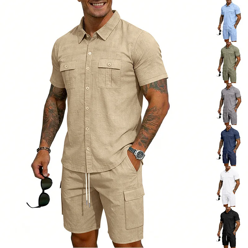 Men's Summer Linen Suit Pure Color Collar Shirt with Pockets Sporty Casual Short-Sleeved Shorts Set Two-Piece Men's Outfit