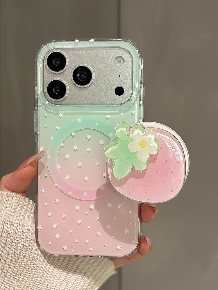 Stylish Strawberry Grip Tok Stand Gradient Stars Phone Case For iPhone 13 14 15 16 17 Pro Max Magnetic Wireless Charging Cover