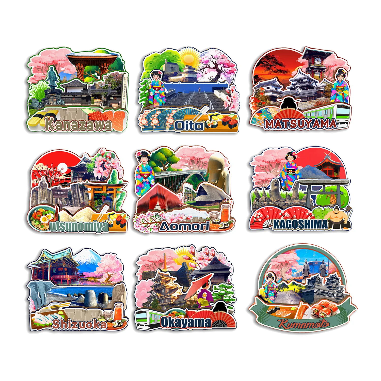 Kumamoto Okayama Shizuoka Kagoshima Utsunomiya Matsuyama Oita Kanazawa Aomori Japan Fridge Magnet Travel Souvenir Gift