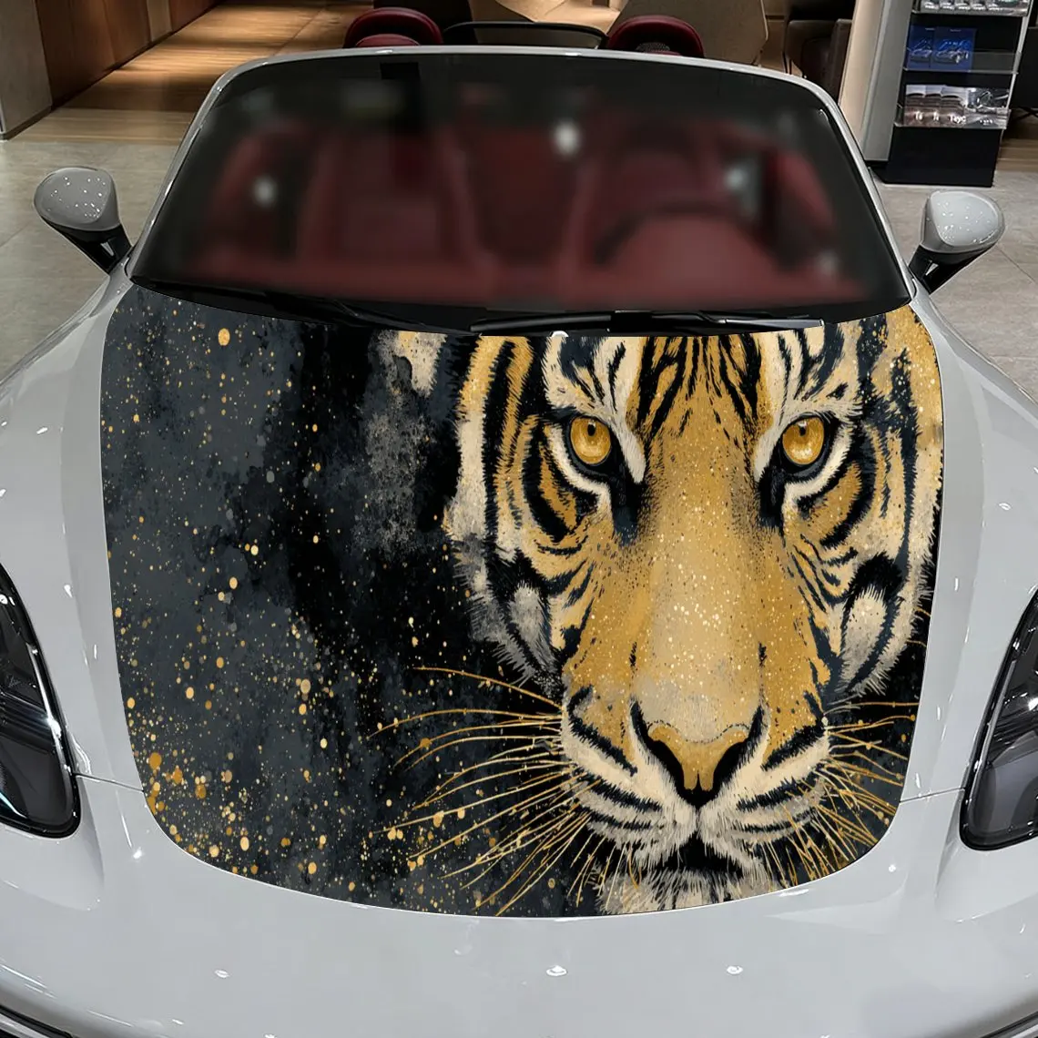 Golden Tiger Car Hood Sticker PVC Self Waterproof Stick, Striking Auto Exterior Accessories Decor Protect Gift for Car Lover