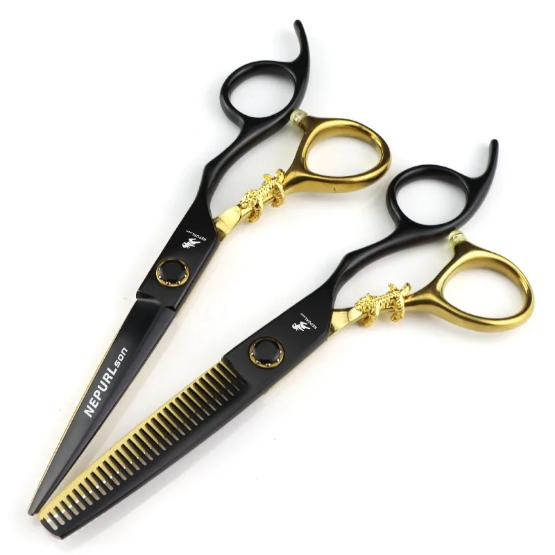 6.0 inch NEPURLson Black-gold hair scissors, painted black bearing screws small golden tiger handle flat scissors tooth scissors