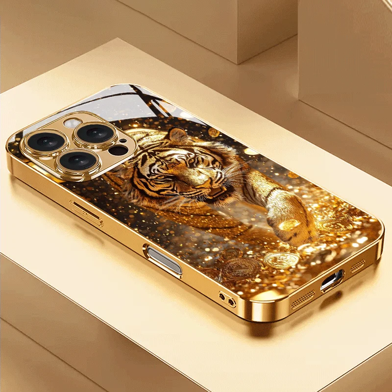 Fashion Golden Tiger Pattern Tempered Glass Phone Case For Samsung Galaxy S25 Ultra S24 S23 Plus S25 FE S23Ultra Creative Cover