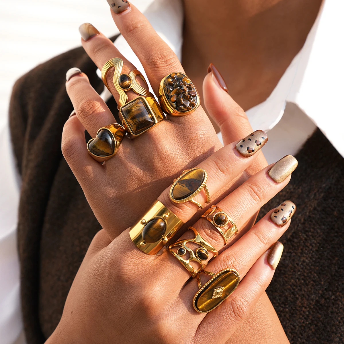 Creative Gold Plated Stainless Steel Rings for Women Simple Geometric Natural Tiger Stone Finger Ring Boho Vintage Jewelry Gift
