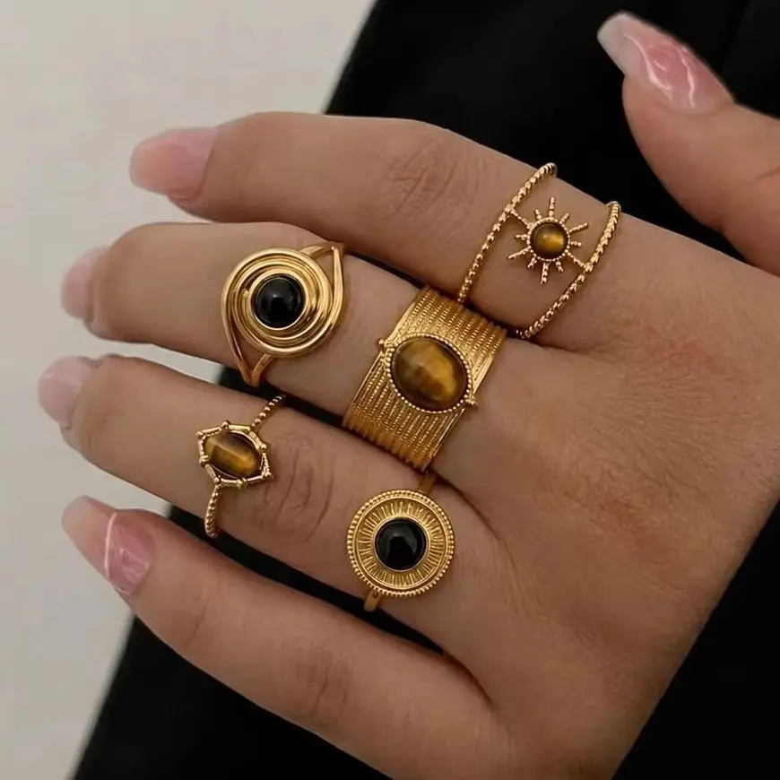 Vintage Stainless Steel Tiger Eye Ring Set for Women Man Sunburst Black Stone Gold Tone Stackable Boho Statement Jewelry Gift