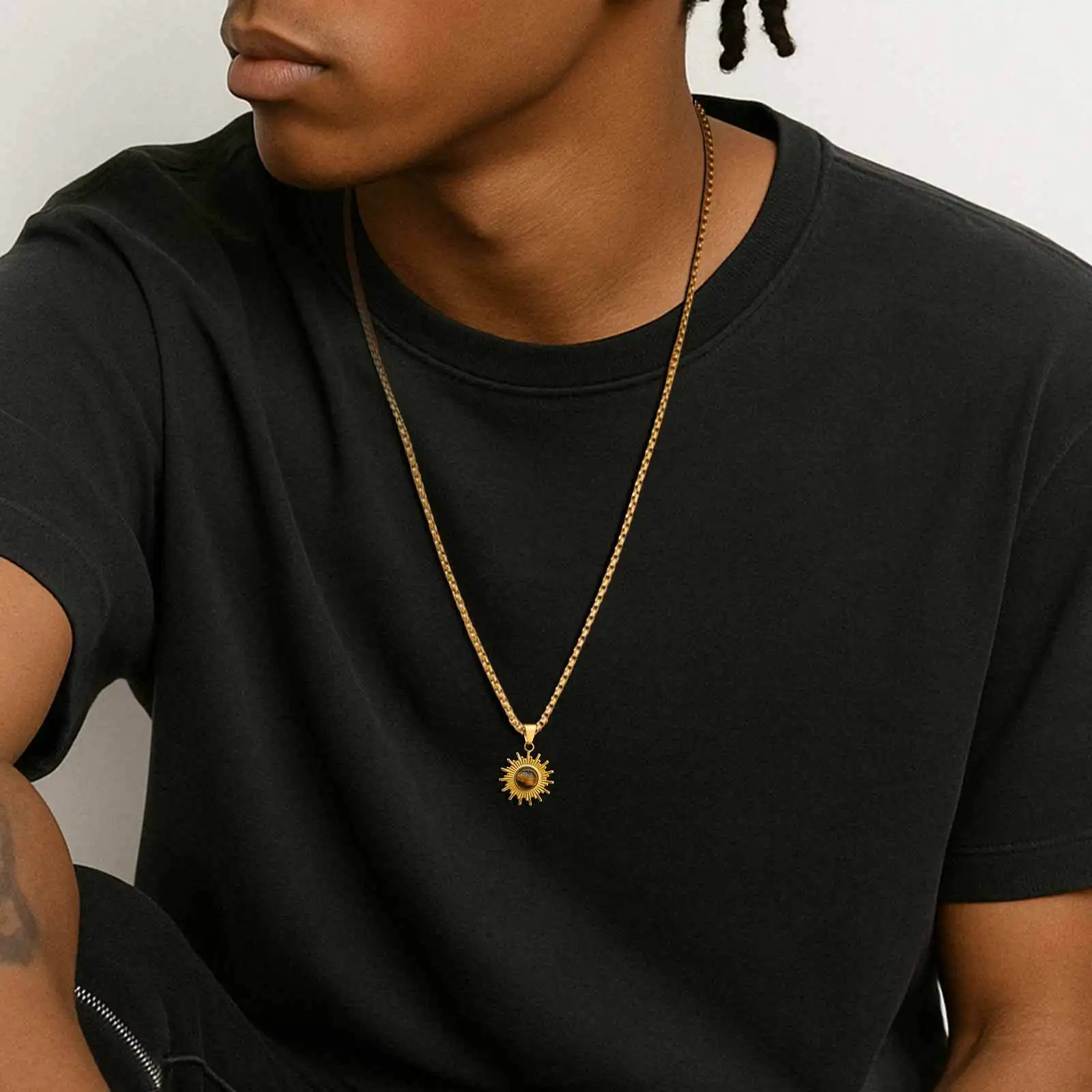 Vnox 60cm Box Chain Sunflower Pendant Necklace, Tigers Eye Stone Silver Gold Plated Lobster Clasp Jewelry Gift for Men Women New