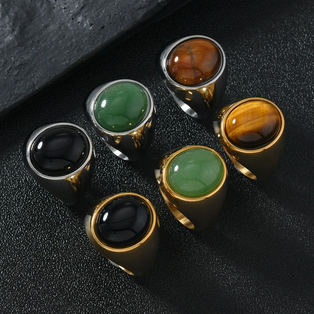 Vintage Men's Ring Tiger Eye Stone Golden Stainless Steel Oval Natural Gemstone Women's Ring Fashion Hip-hop Jewelry