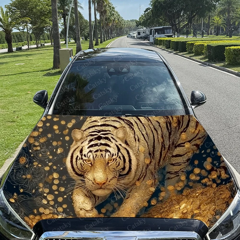 Golden Tiger Car Hood Sticker PVC Self Waterproof Stick, Striking Auto Exterior Accessories Decor Protect Gift for Car Lover