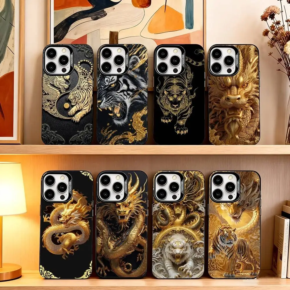 Shiny Golden Dragon and Tiger   Phone Case For iPhone 17,16,15,14,13,12,11 Plus,Pro Max,XS,Colored Silver Plated Inside Cover