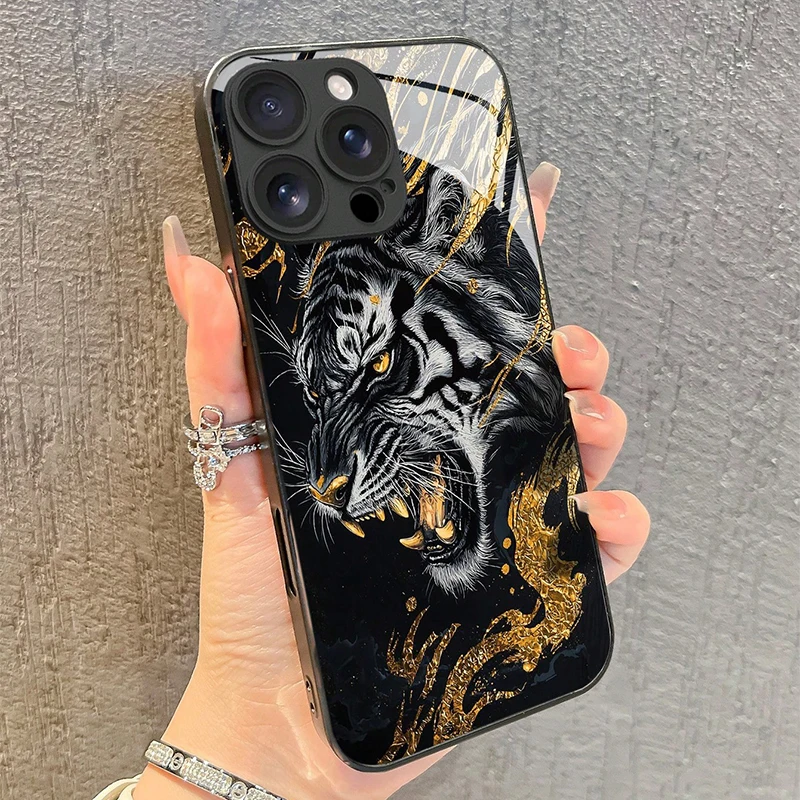 Fashion Golden Tiger Pattern Tempered Glass Phone Case For iPhone 17 16 15 Pro Max 14 13 12 11 17Air 16E 7 8 Plus XR XS X Cover