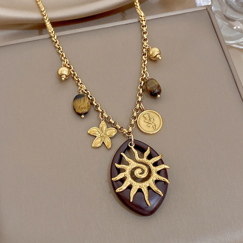 Freetry Vintage Tiger Eye Stone Flower Sun Pendant Necklace for Women Golden Stainless Steel Necklace Waterproof Jewelry Gift