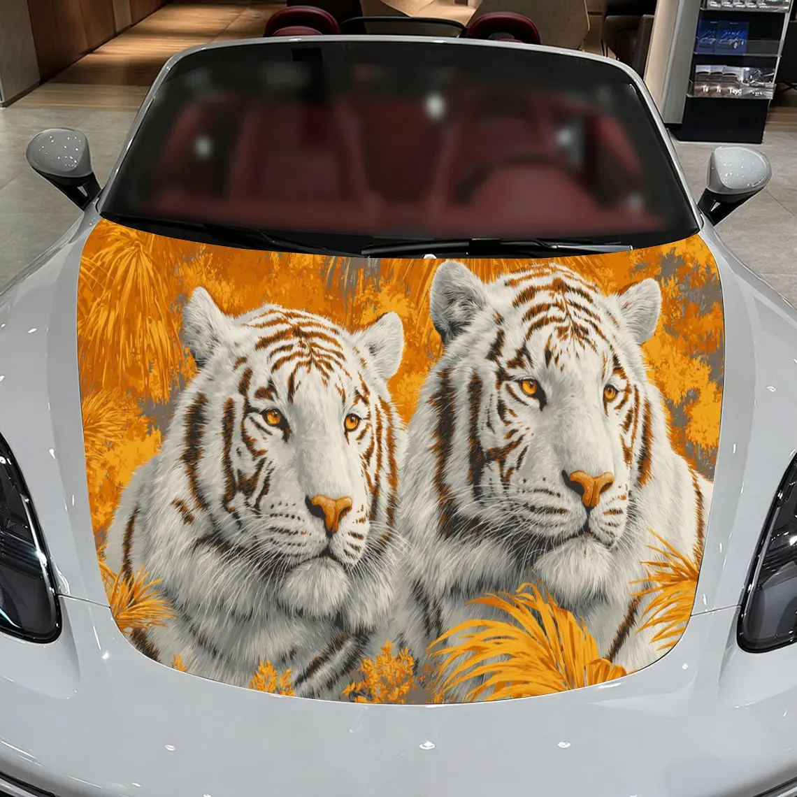 Car Decals A White Tiger Pair in Golden Foliage & Yellow-Hued Realistic Design Car Hood Sticker, Waterproof Self - Adhesive Viny
