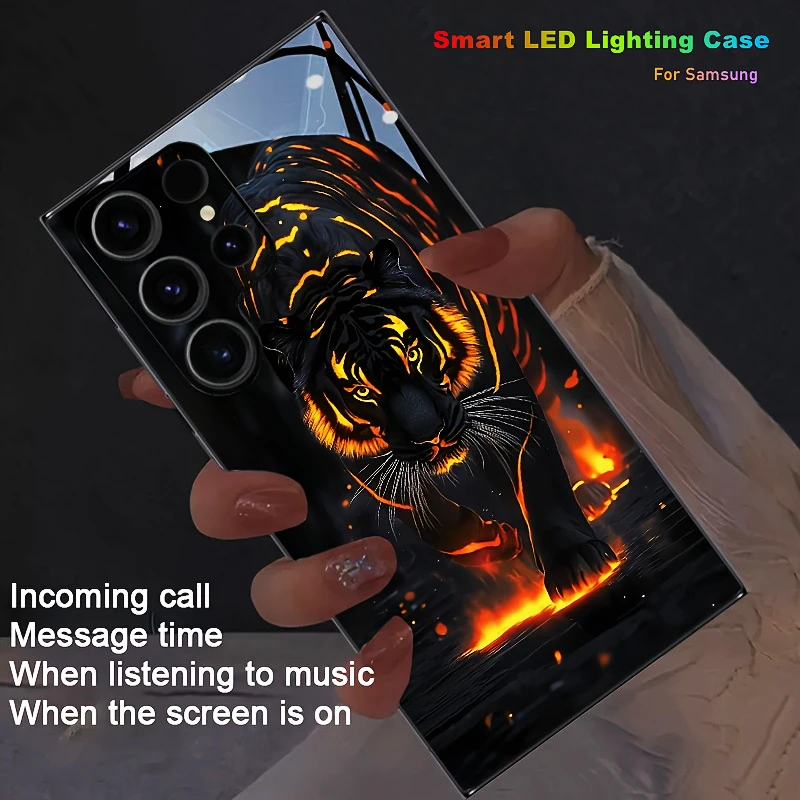 Black Golden Beast Tiger Dazzling LED Glowing Phone Case For Samsung S25 S24 Ultra S22 Plus S23FE S20FE A26 A32 A15 A16 A35 5G