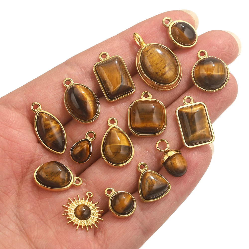 3pcs Stainless Steel Tiger Eye Charms Gold Pendants Jewelry Supplies DIY Necklace Earrings Connectors For Jewelry Charm Findings