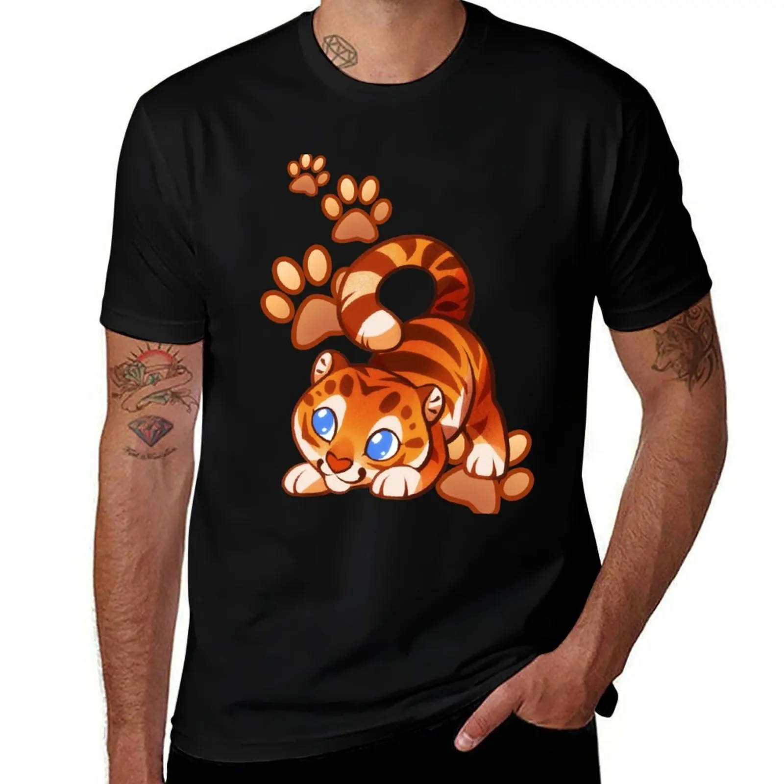 Adorable chibi golden tiger digital drawing with paw prints T-Shirt Breathable Basic Cotton T-Shirt