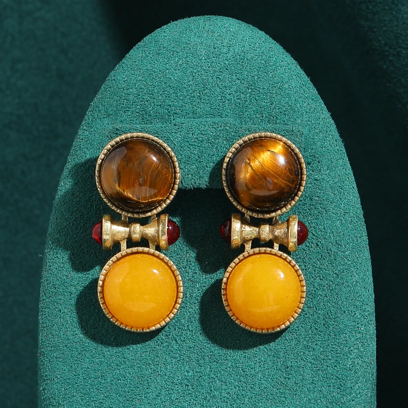 Vintage Tiger Eye Earrings Beeswax Natural Stone Dangle Antique Gold Plated Bamboo Jewelry Women Retro 2026 Music Festival Charm