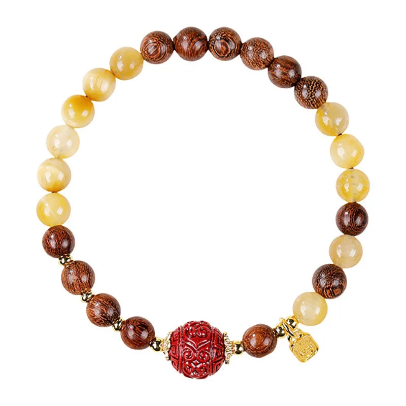 Natural Golden Sandalwood & Tiger Eye Bead Bracelet: New Chinese Style Cinnabar Pattern Couple Jewelry Gift