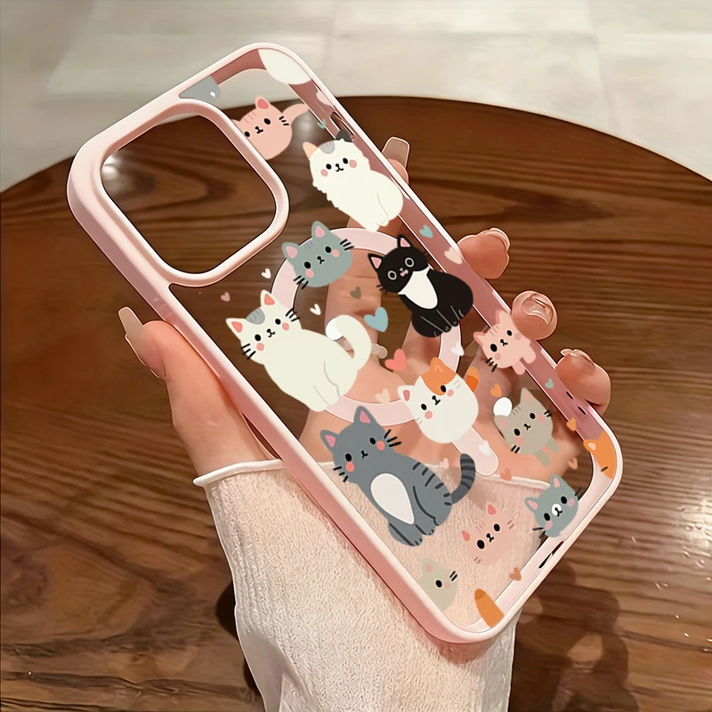 Cute Cat Love Heart Pattern Clear Phone Case For iPhone 18 17 16 15 14 13 12 11 Pro Max Plus 16E Magnetic Wireless Charge Cover