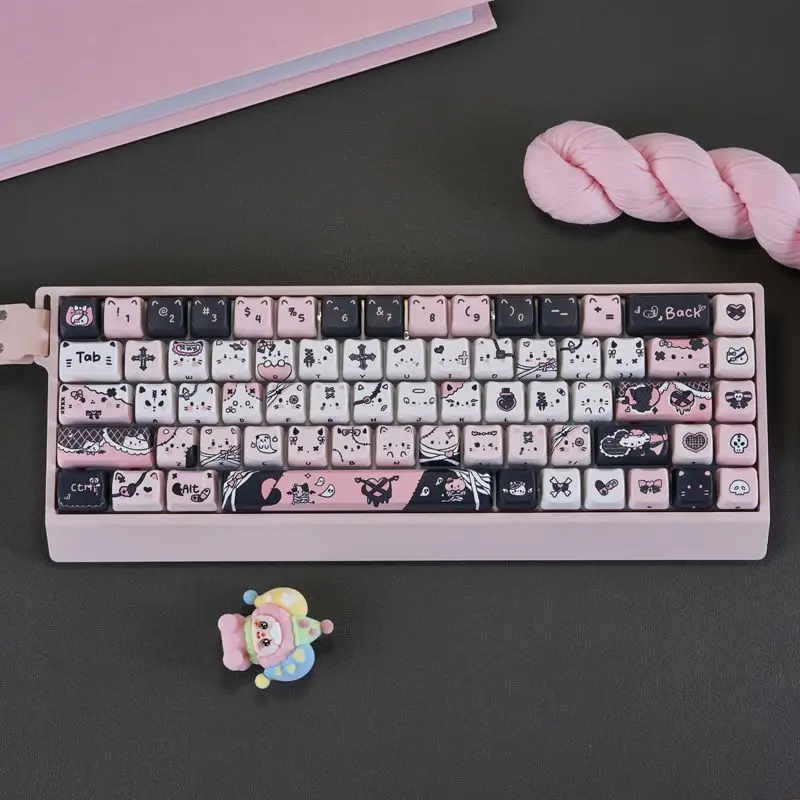 Cute Cat Mechanical Keyboard Keycap Set MOA Height PBT Material Black Pink Theme Heat-Transfer Design for Gaming And Typing