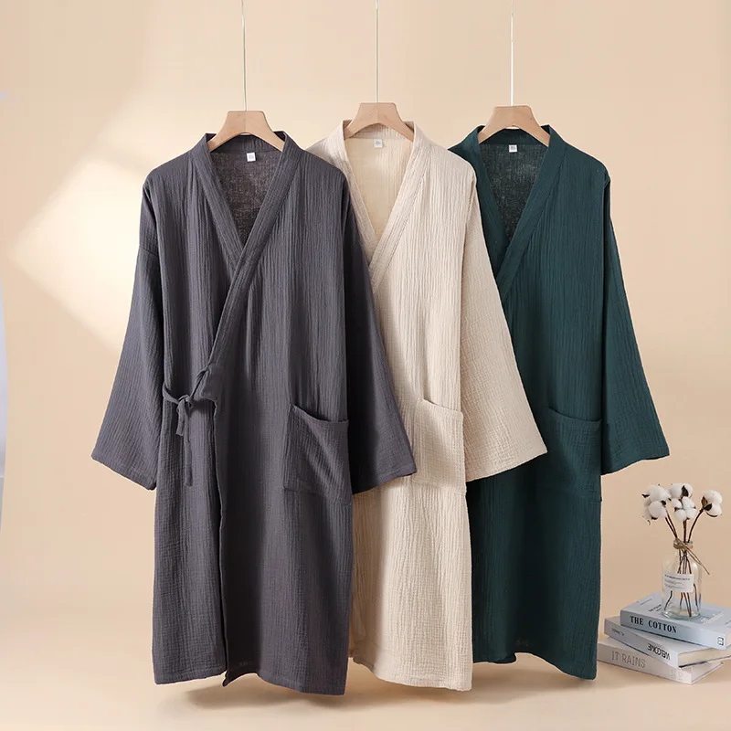 2026 Japanese New Spring/Summer Couple Kimono Robe 100% Cotton Crepe Cloth Men's And Women's Bathrobe Thin Home Sleeping Robe