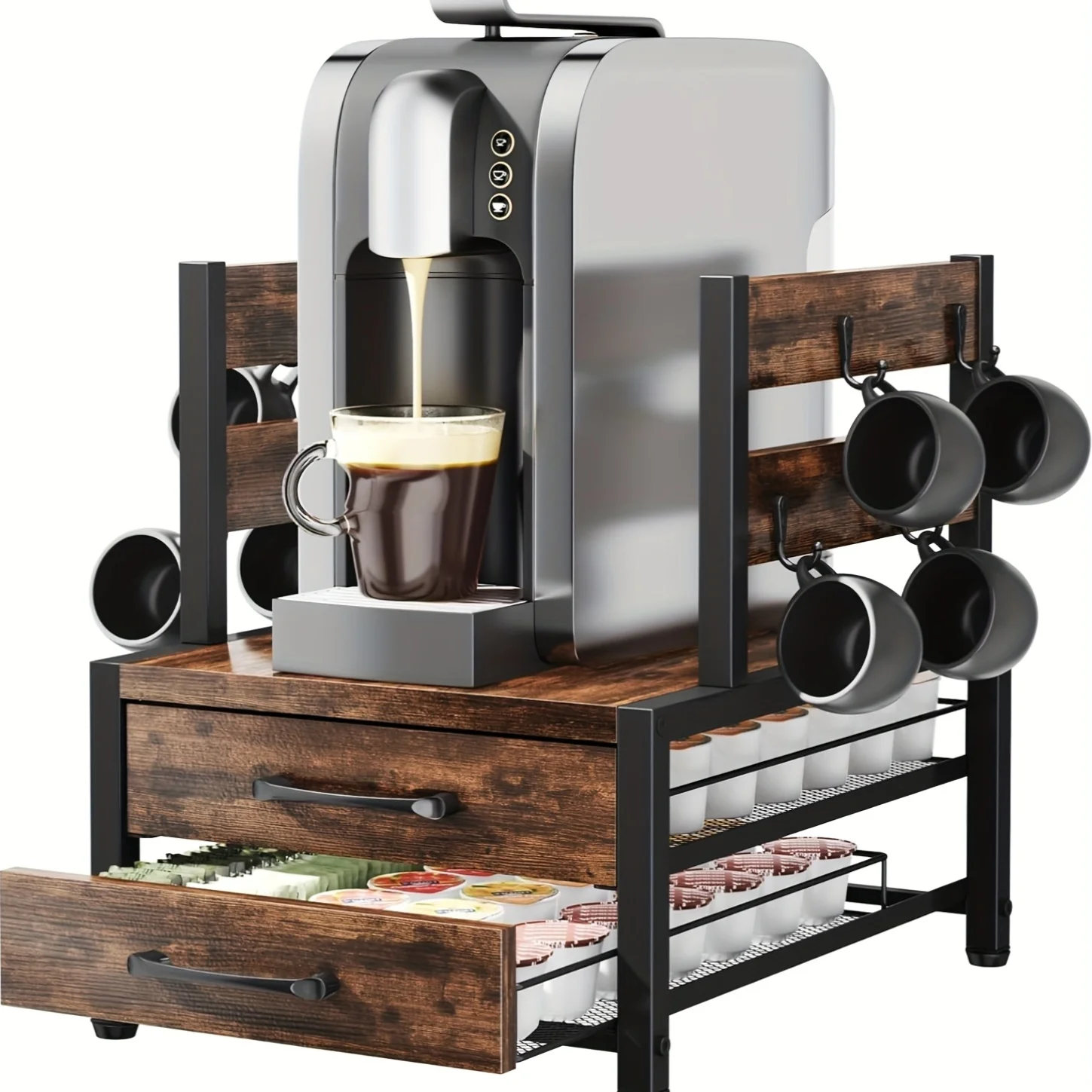 Double Layer Coffee Capsule Storage Rack And Mug Holder, Coffee Machine Stand, K Cup Holder Drawer - Coffee Bean Pod Organizer