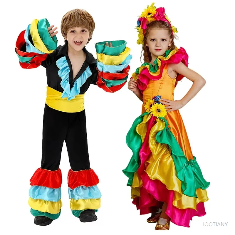 Brazilian Dancer Boys Girls Costume Cosplay Children Spanish Flamenco Rumba Samba Dance Costume Rio Carnival Dress Bodysuit Set