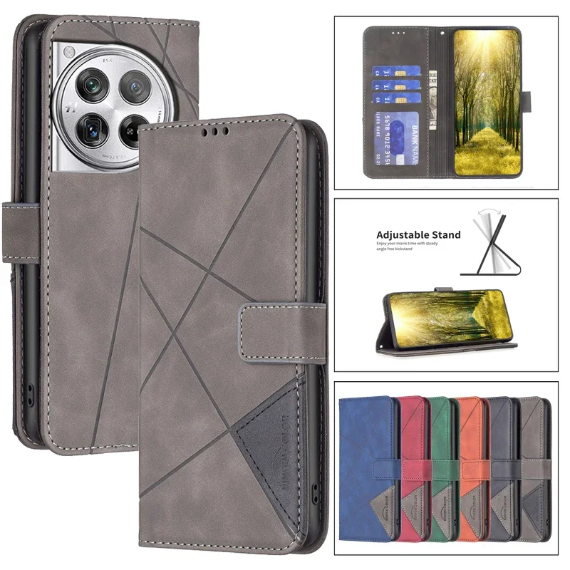 Flip Leather Wallet Cover Case on For OnePlus 12 12R One+12 1+12 One Plus 12 R 1+12R Geometric Phone Bags Protect Cases Fundas