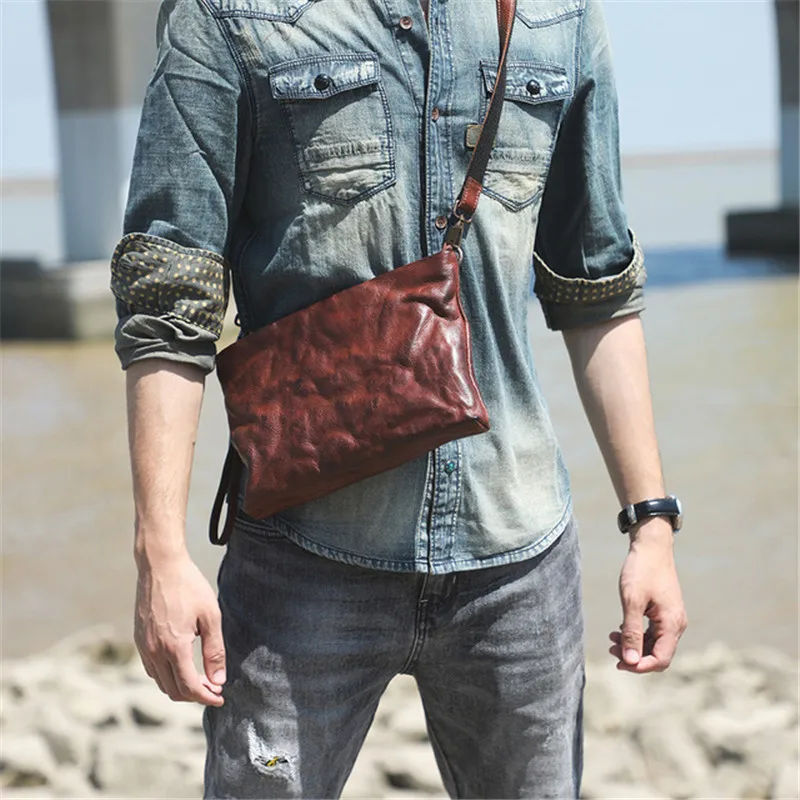 Fashion Simple Genuine Leather Men's Clutch Bag Vintage Pleated Designer Natural Real Cowhide Multifunctional Phone Wallet Youth