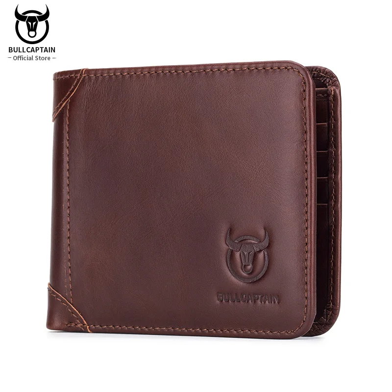 BULLCAPTAIN Free Print Photos Men's Genuine Leather Short Wallet 2021 New Simple Wallets RFID Small Mini Card Holder