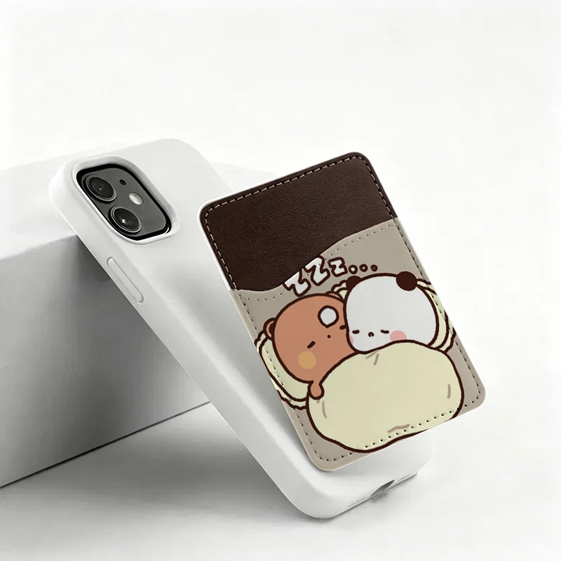 Yier Bear Panda Stick-On Phone Card Sleeves Bubu Dudu Cell Phone Back Pockets for Cards Outside Protable PU Leather Card Pack