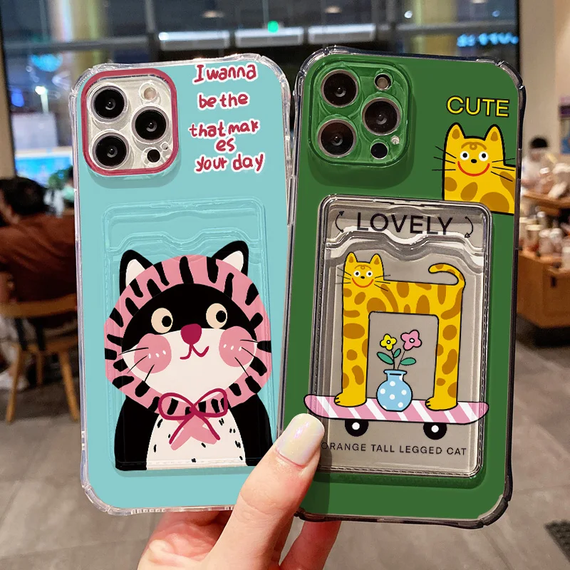 Cute Cartoon Cat Phone Case For iPhone 17 Pro Case iPhone 16 15 13 12 11 14 Pro Max Plus 16e Air SE XS XR Card Holder Bag Cover
