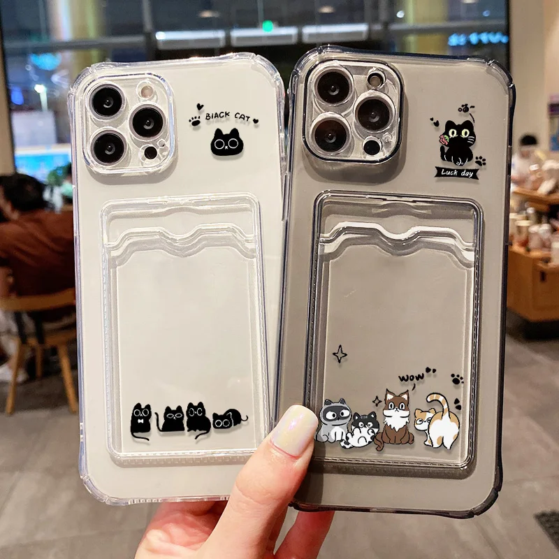 Cute Black Cat Phone Case For iPhone 17 Pro Max 16 15 13 12 11 14 Pro Max Air 7 8 Plus XR SE Card Bag Slot Holder Wallet Cover