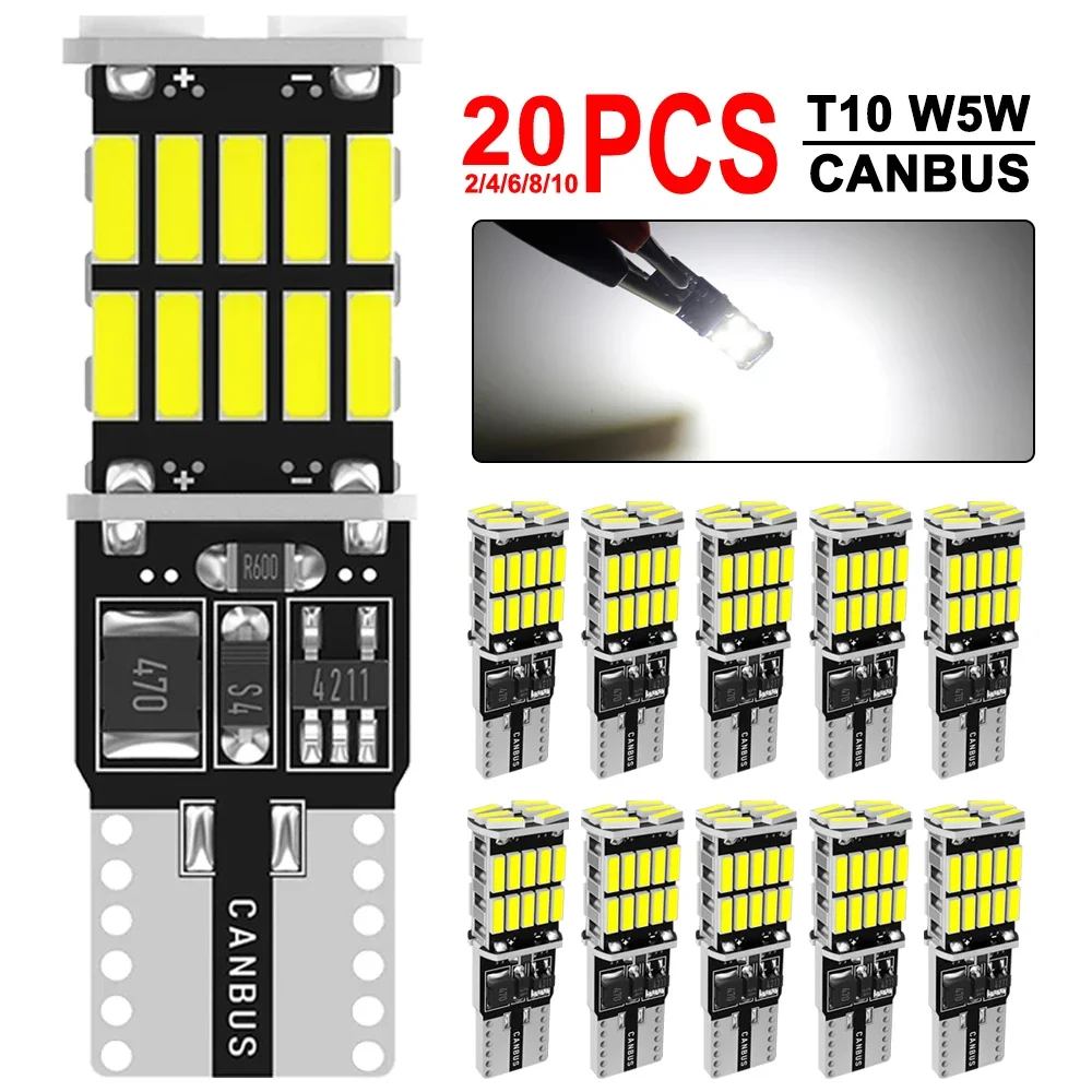 2/4/10/20 PCS CANBUS T10 W5W LED Bulb For Car Interior Dome Trunk License Plate Wedge Side Lights 12V 24V 4014-26SMD 6500K White