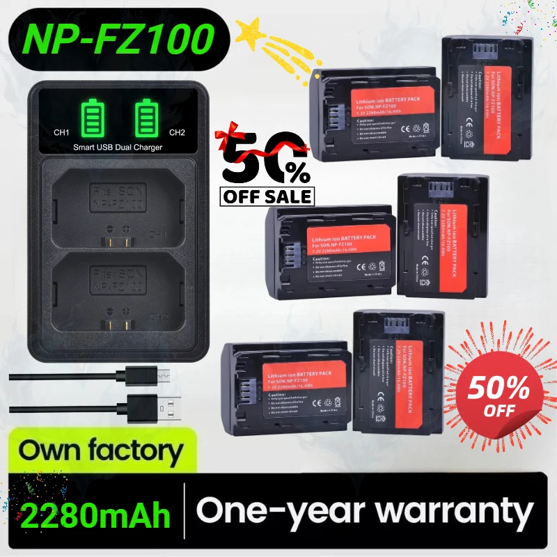 2280mAh NP-FZ100 FZ100 Battery+Smart USB Dual Charger for Sony ZV-E1 Alpha A7III A7R III A9 A6700 A6600 A7 IV A7R IV A7M4 A7r3