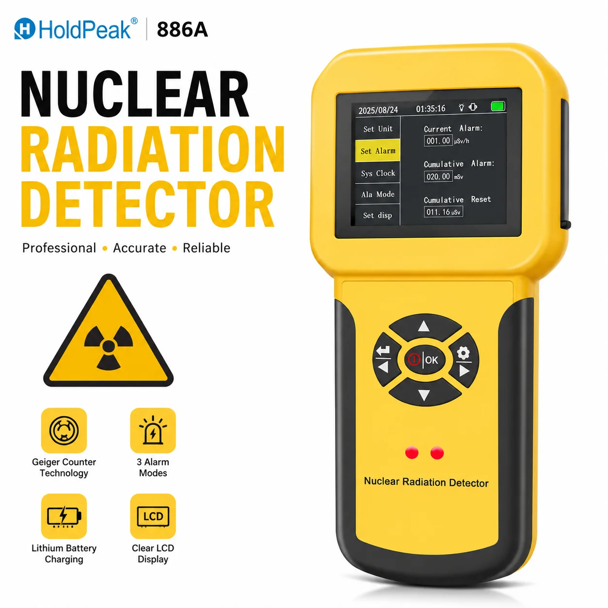 Nuclear Radiation Detector, Professional Geiger Counter for Beta Gamma X-Ray with LCD Display, Rechargeable Radioactive Tester