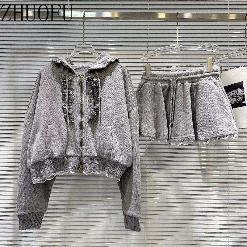 Y2K Sweet 2 Piece Women Outfit Gray Ruffle Lace Hoodie Zip Sweatshirt Lace Mini Skirt Kawaii Casual Tracksuit Streetwear Suit